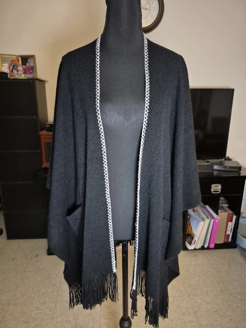 BCBGMaxAzria Black Wrap Cardigan with White Trim and Fringe